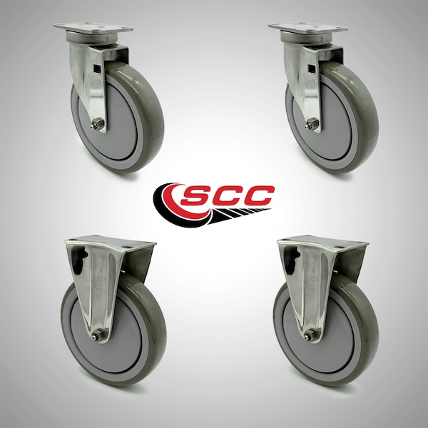 6 Inch SS Gray Polyurethane Swivel Top Plate Caster Set with 2 Rigid SCC